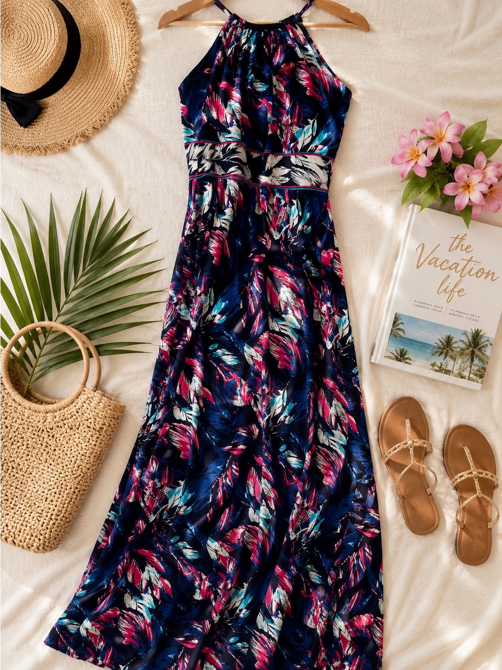 Roz & Ali Petite 10 Tropical Halter Maxi Dress Navy Pink Blue Resort Vacation